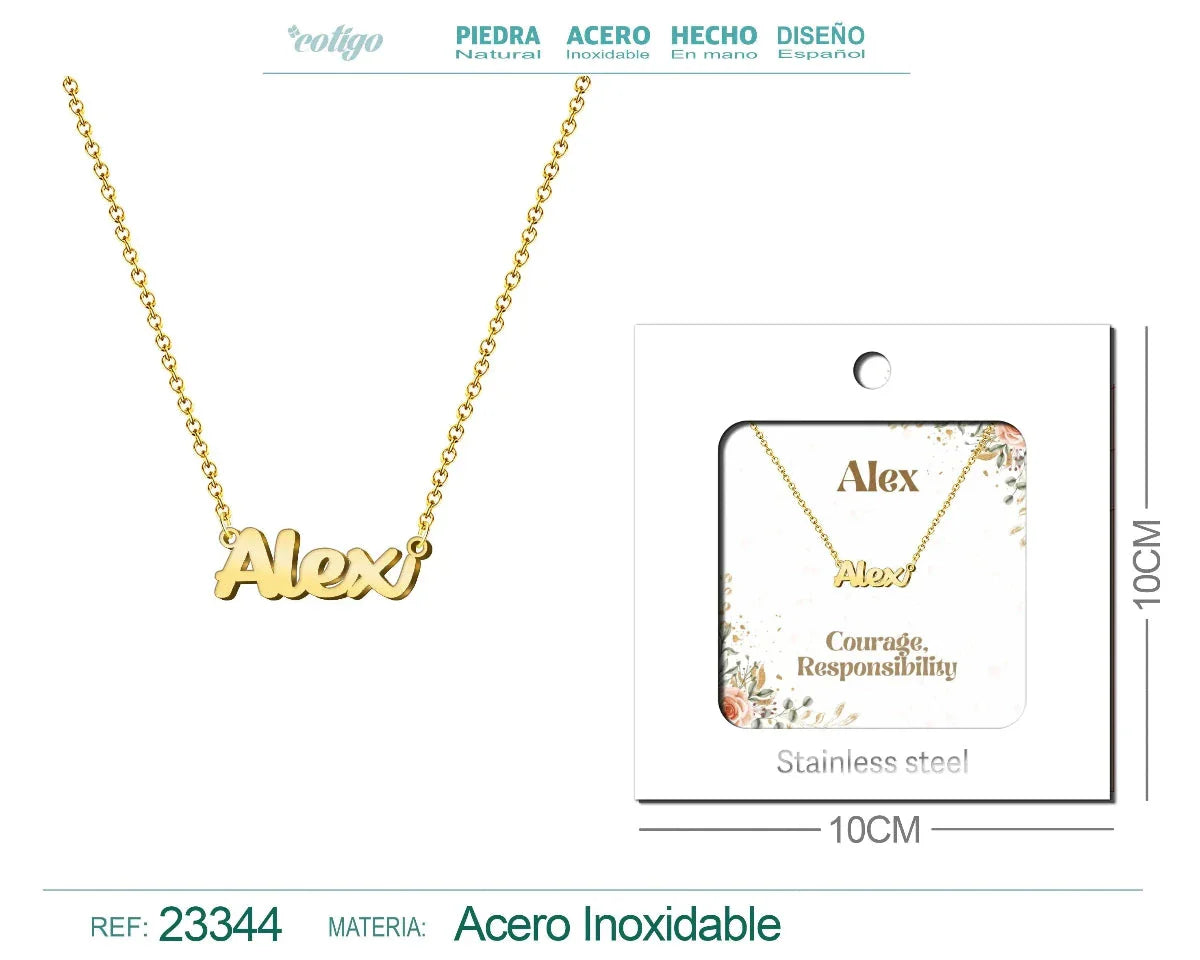 Collar dorado con nombre Alex diseño minimalista y elegante acabado brillante