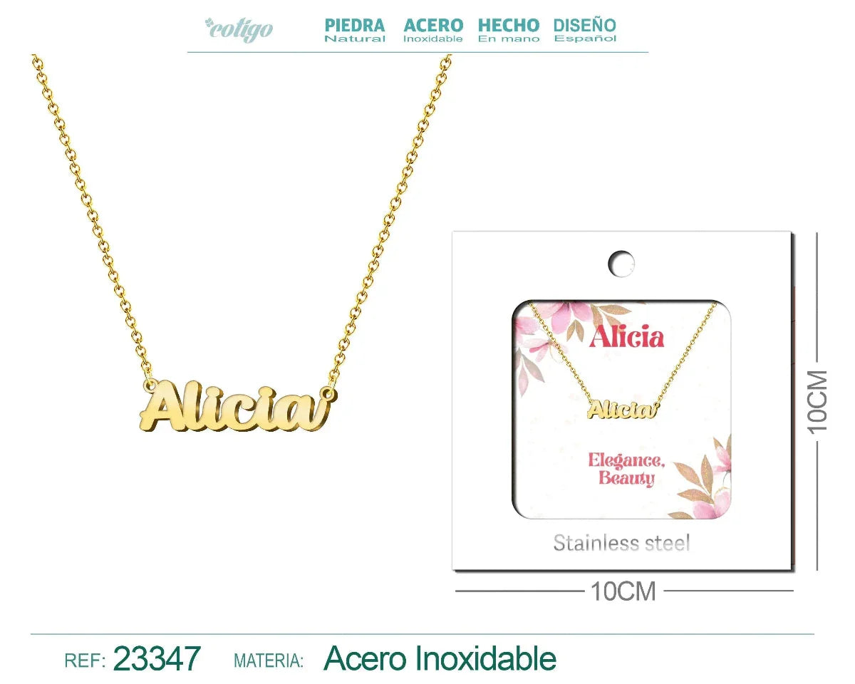 Collar dorado con nombre Alicia diseño elegante cursiva y acabado brillante