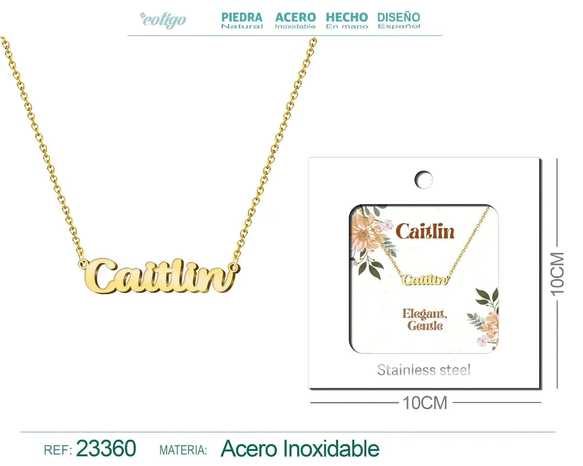 Collar dorado con nombre Caitlin escrito en inglés con C diseño elegante y acabado brillante