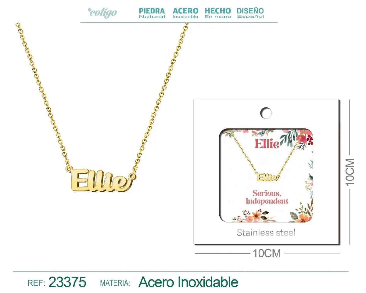 Collar dorado con nombre Ellie escrito en inglés diseño juvenil y acabado brillante