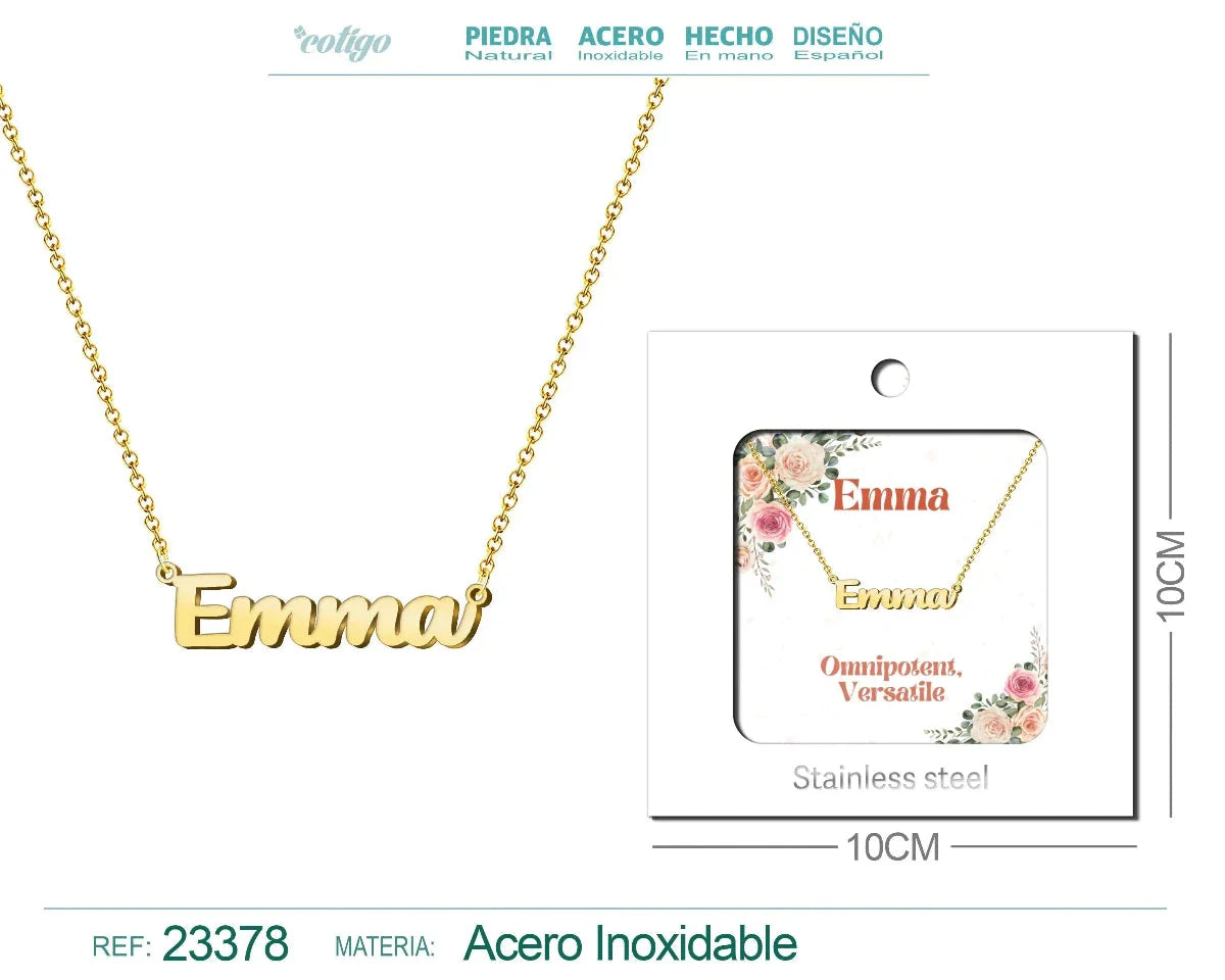 Collar dorado con nombre Emma escrito en cursiva diseño atemporal y acabado brillante