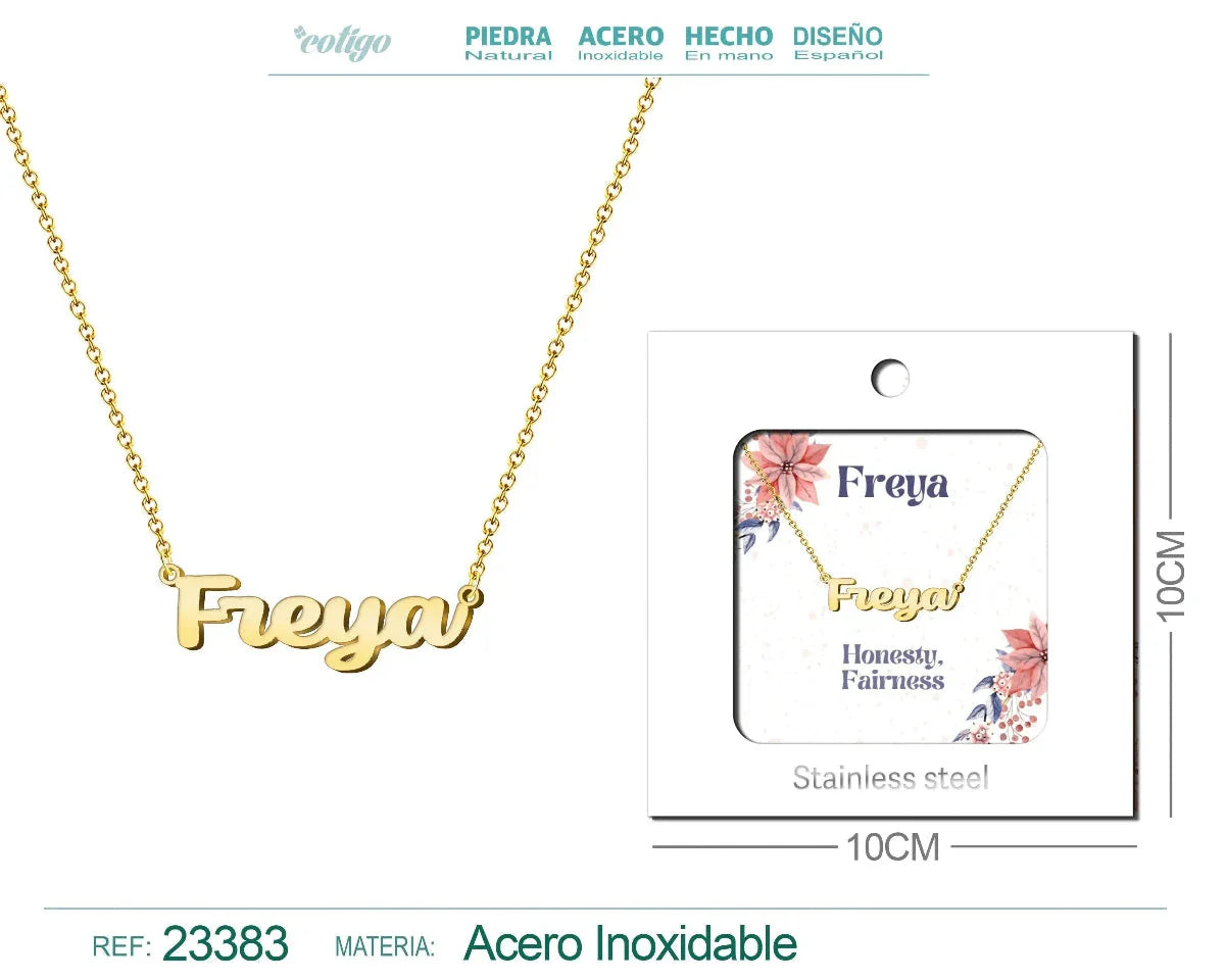 Collar dorado con nombre Freya escrito en inglés diseño místico y acabado brillante