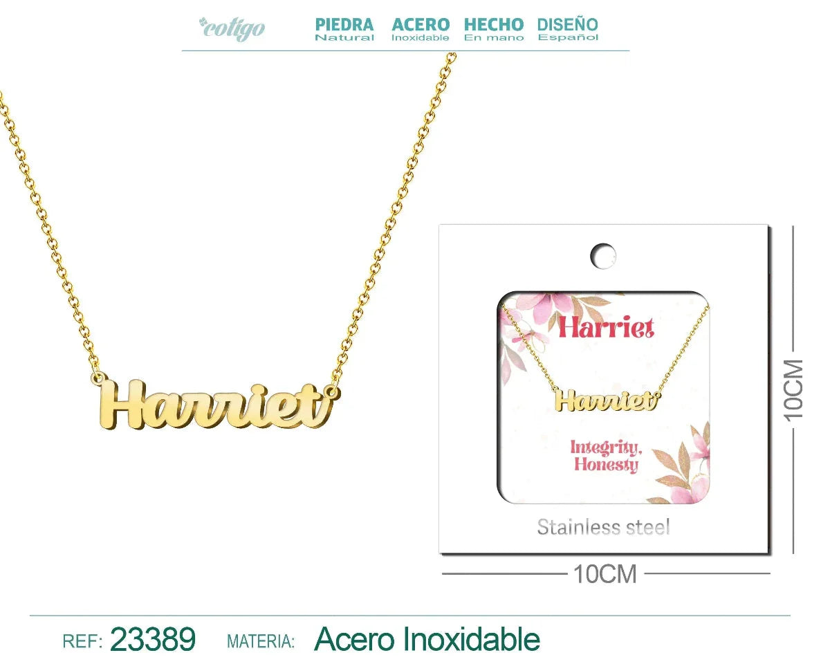 Collar dorado con nombre Harriet escrito en inglés diseño vintage británico y acabado brillante