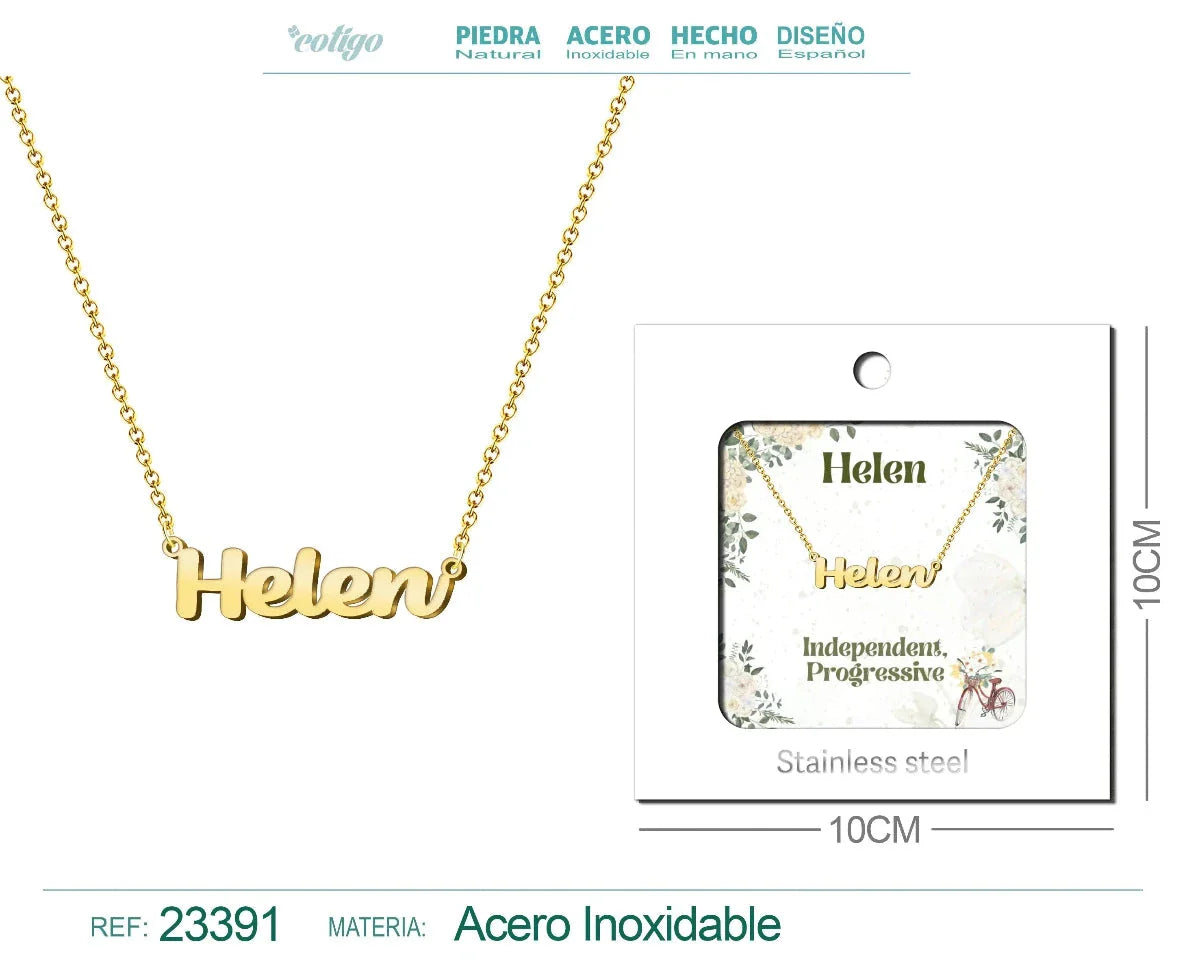 Collar dorado con nombre Helen escrito en inglés diseño clásico y acabado brillante