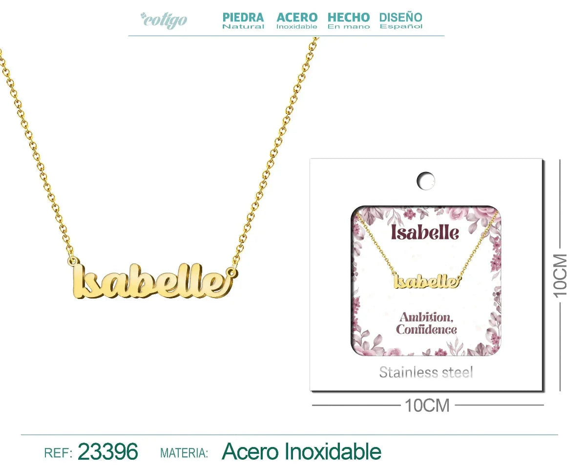 Collar dorado con nombre Isabelle escrito en cursiva diseño chic francés y acabado brillante