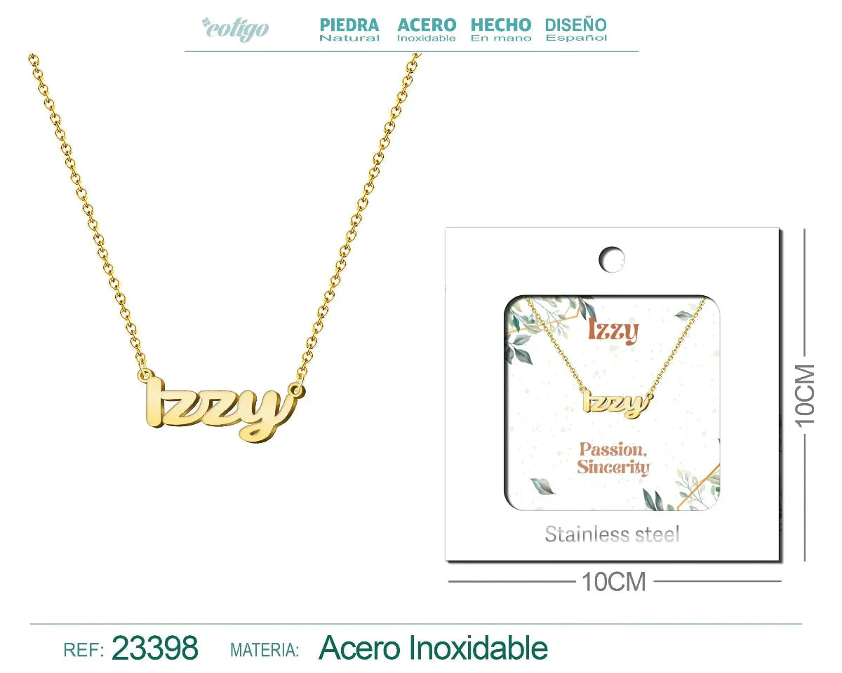Collar dorado con nombre Izzy escrito en cursiva diseño juvenil moderno y acabado brillante