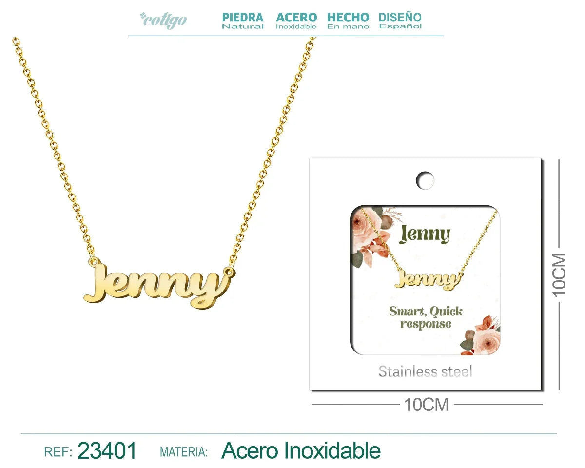 Collar dorado con nombre Jenny escrito en cursiva diseño retro clásico y acabado brillante