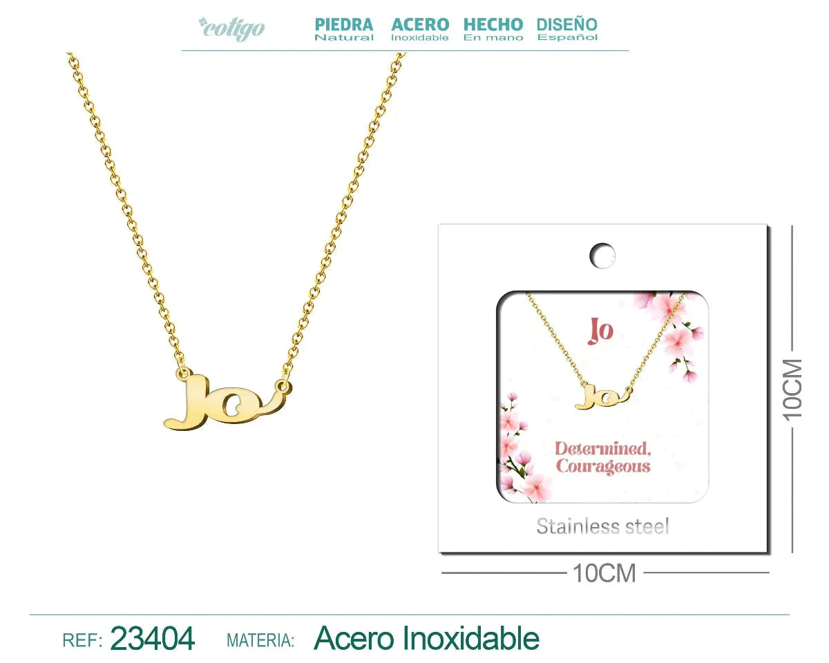 Collar dorado con nombre Jo escrito en cursiva diseño minimalista corto y acabado brillante