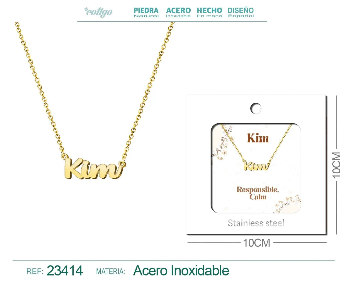 Collar dorado con nombre Kim escrito en cursiva diseño minimalista moderno y acabado brillante