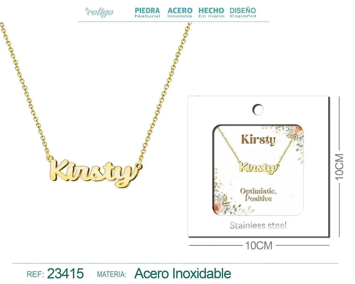 Collar dorado con nombre Kirsty escrito en cursiva diseño moderno de inspiración escocesa y acabado brillante