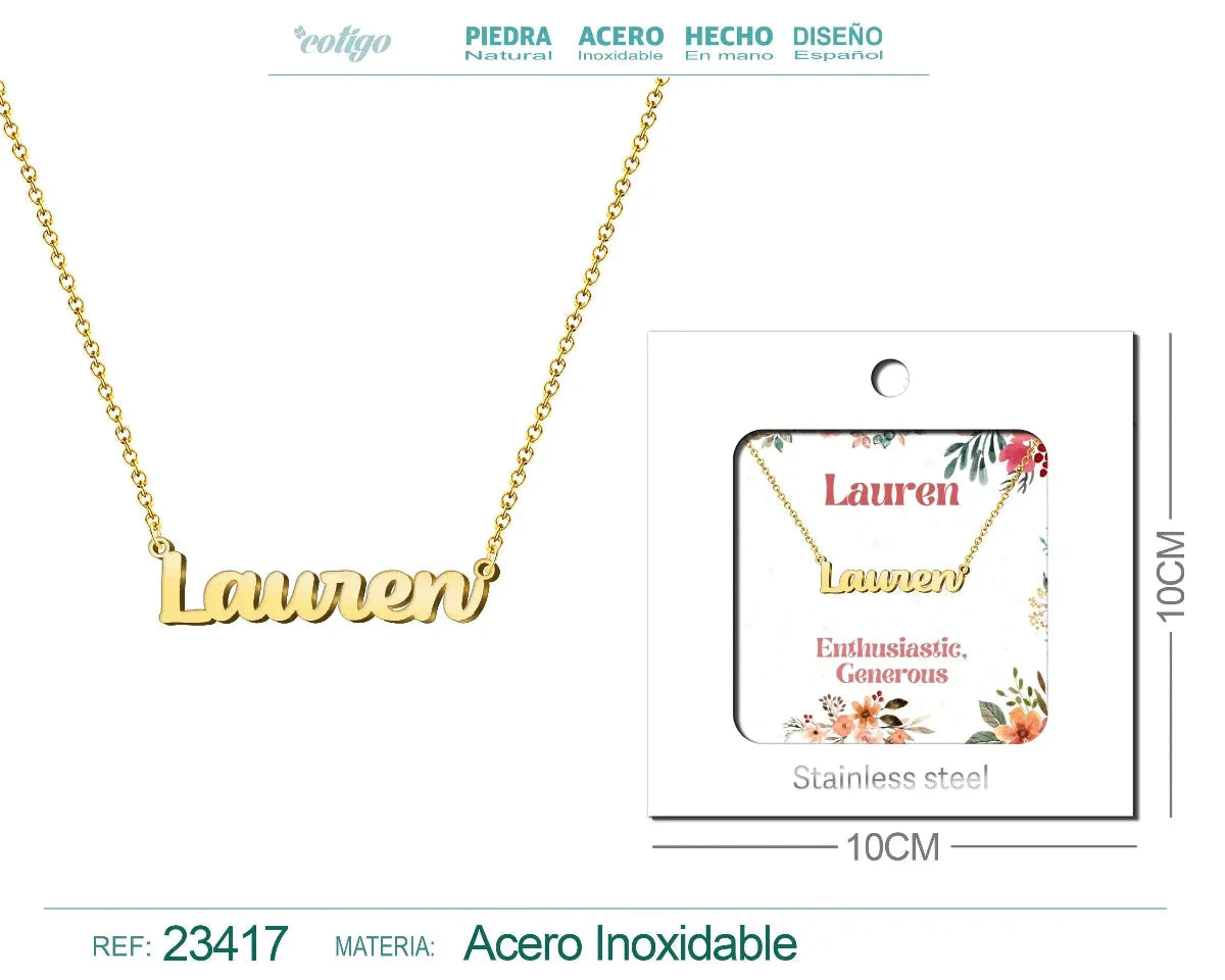 Collar dorado con nombre Lauren escrito en cursiva diseño elegante cosmopolita y acabado brillante
