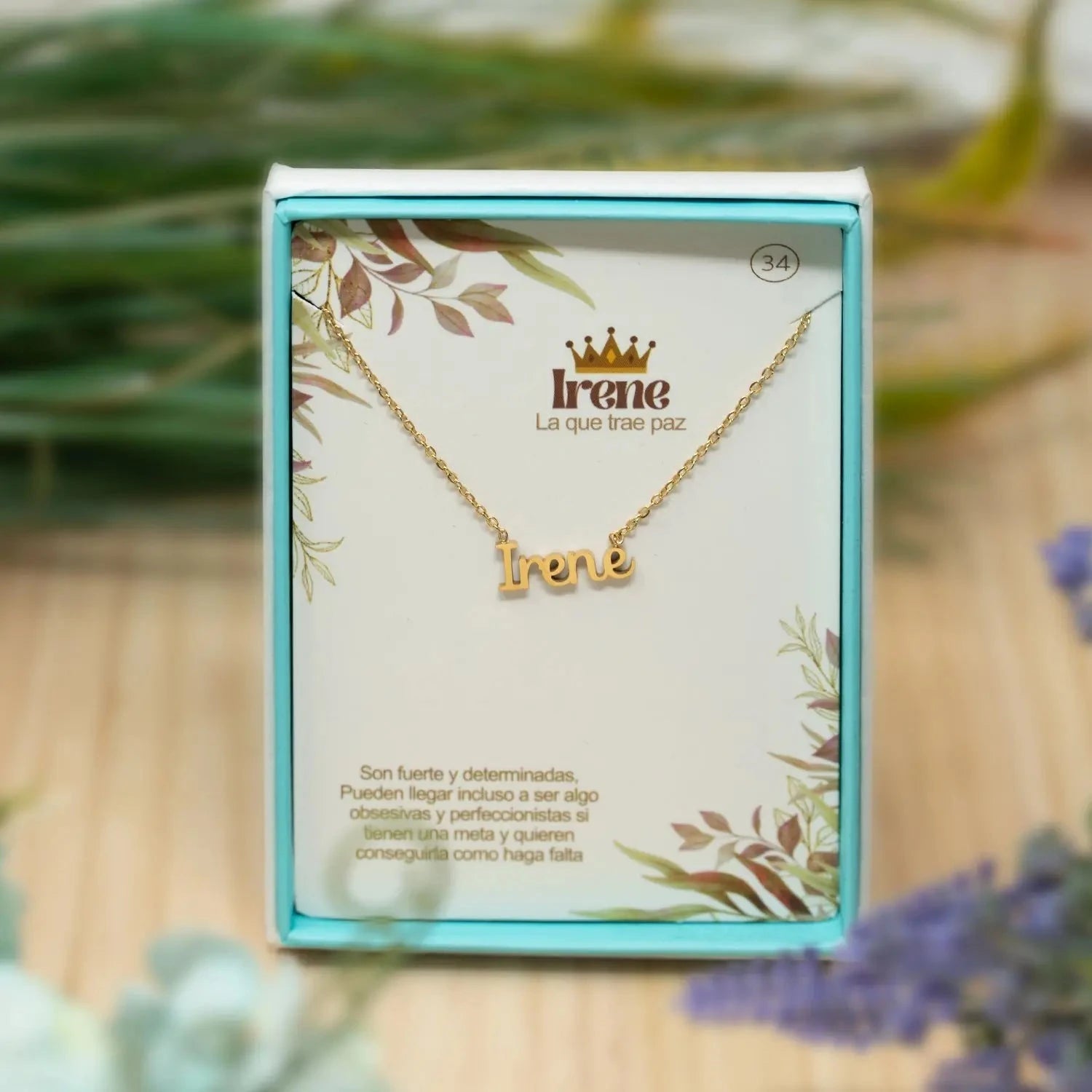 Collar Edición Nombre "irene" - Símbolo de Paz Bañada en Oro 14K detalle