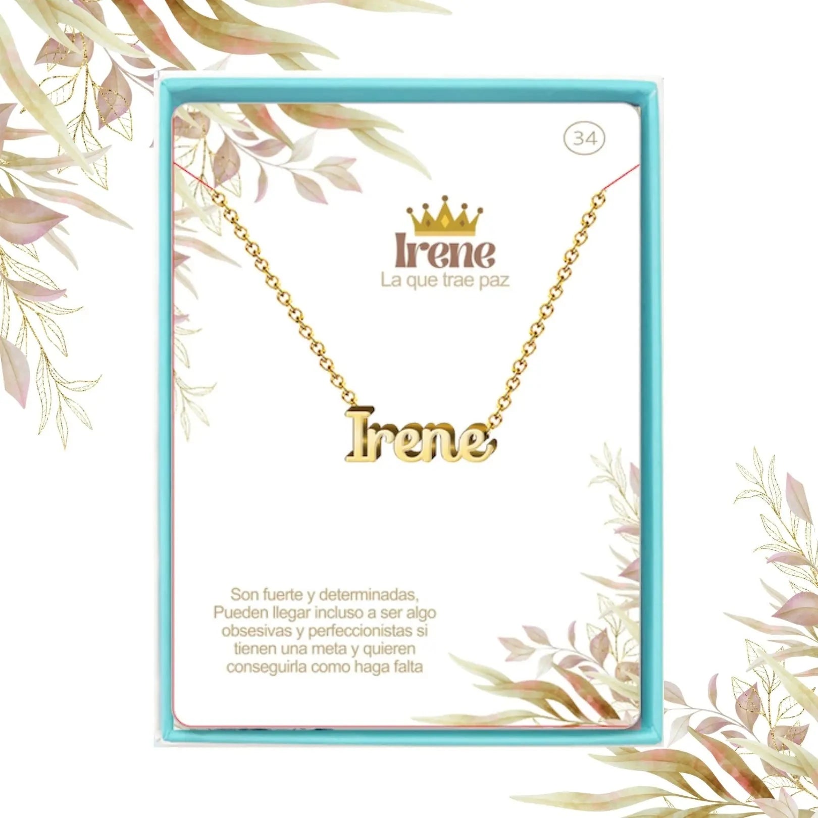 Collar Edición Nombre "irene" - Símbolo de Paz Bañada en Oro 14K acabado