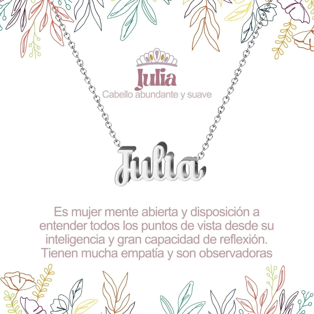 Collar con nombre Julia en acero inoxidable plateado resistente al agua joya fuerte regalo para mujer dinámica.