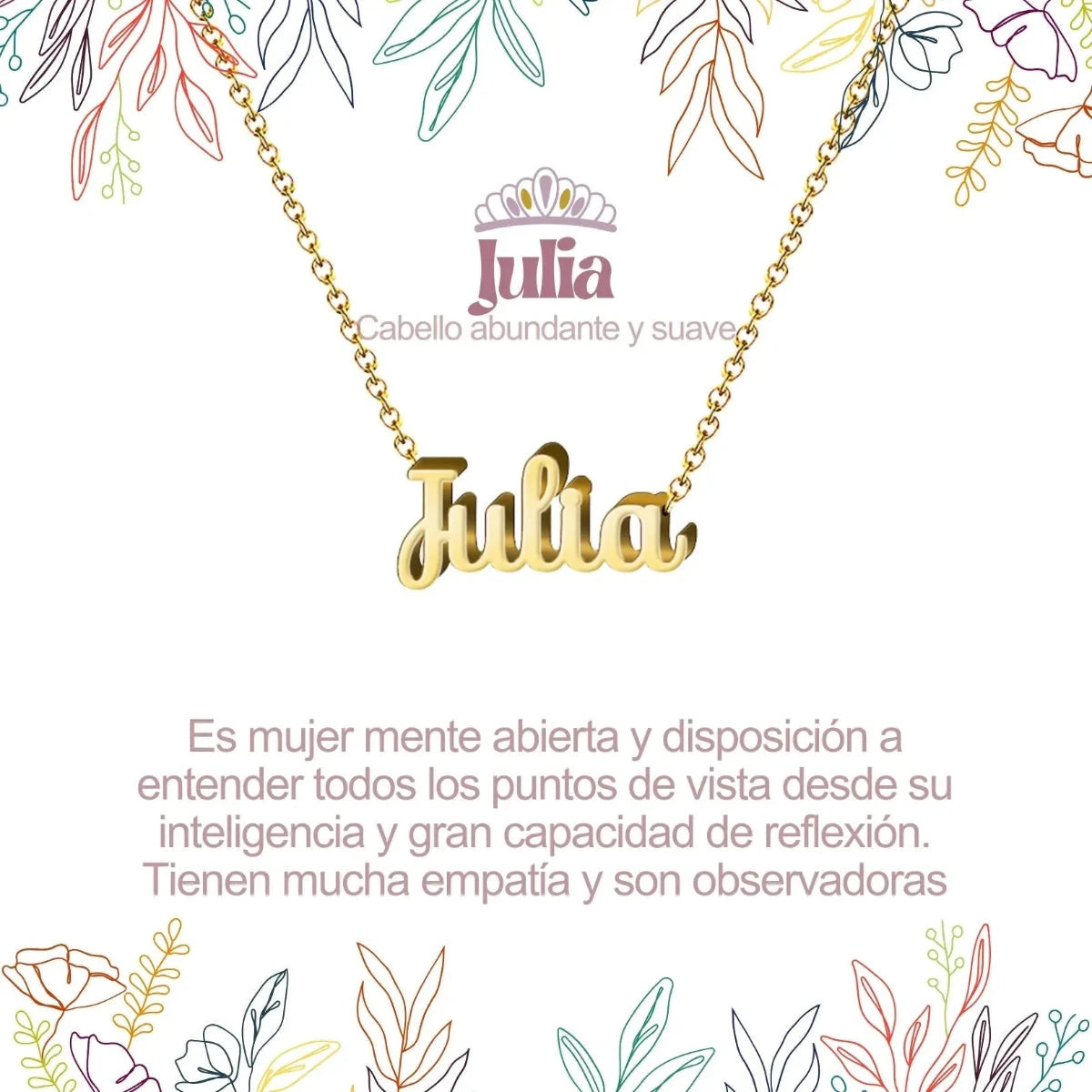 Collar con nombre Julia diseño clásico bañado en oro 14k significado de juventud y elegancia regalo mujer dulce.