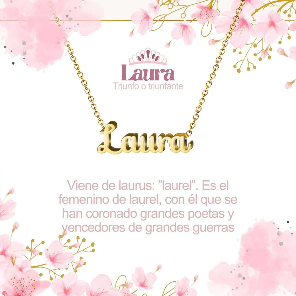 Collar con nombre Laura diseño triunfal bañado en oro 14k significado de victoria y laurel regalo mujer exitosa.