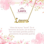 Collar con nombre Laura diseño triunfal bañado en oro 14k significado de victoria y laurel regalo mujer exitosa.