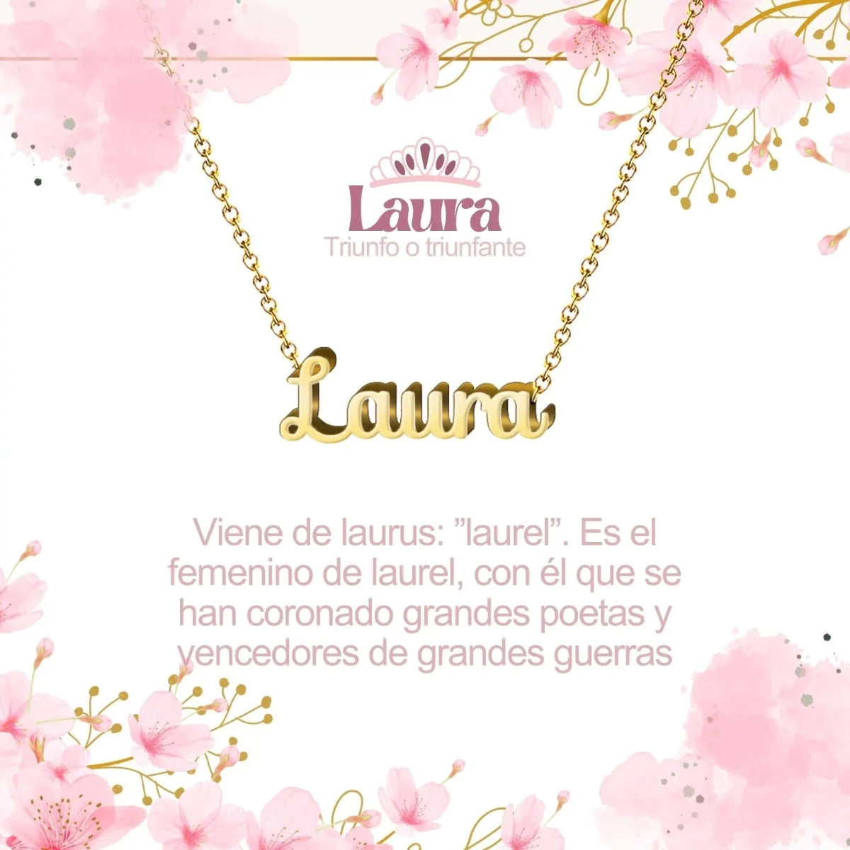 Collar con nombre Laura diseño triunfal bañado en oro 14k significado de victoria y laurel regalo mujer exitosa.