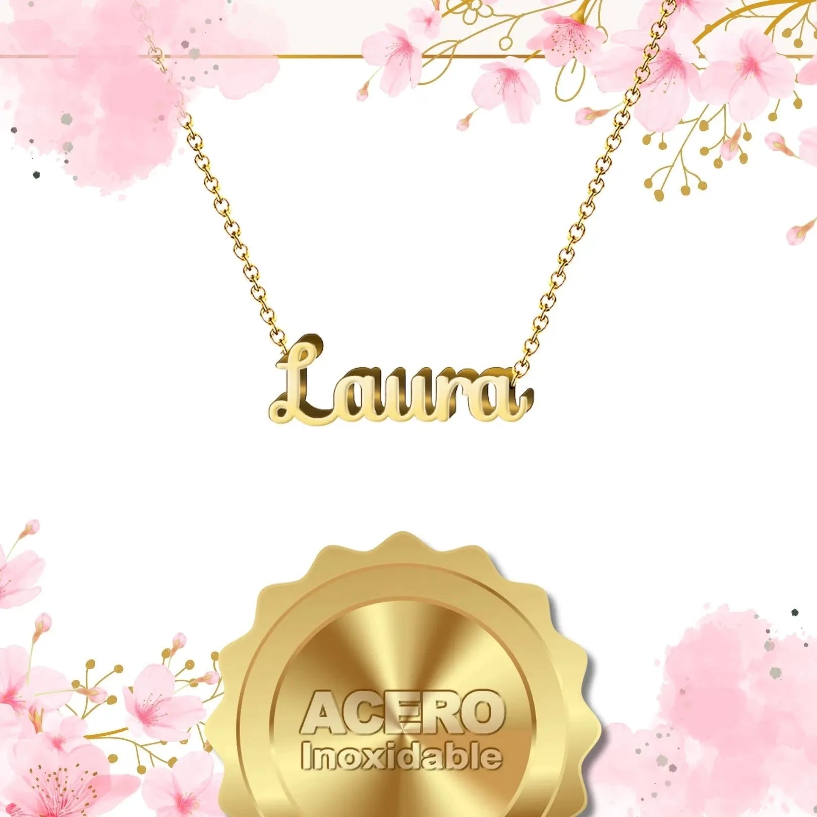 Collar Edición Nombre "laura" - Símbolo de Victoria Bañada en Oro 14K textura