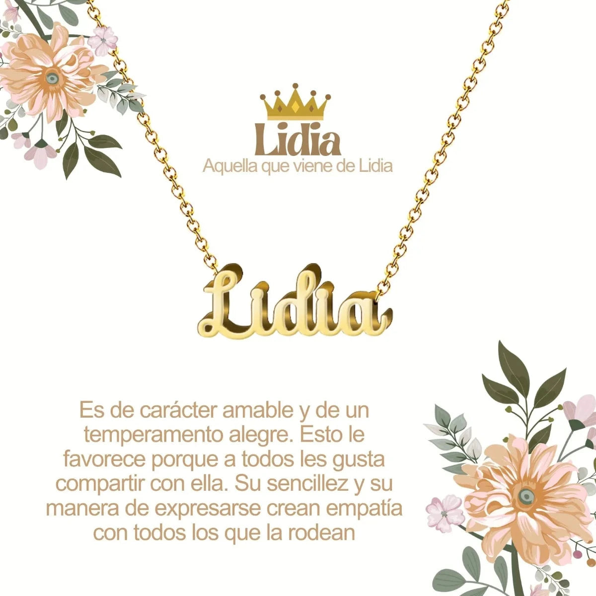 Collar con nombre Lidia diseño clásico bañado en oro 14k significado de nobleza y distinción regalo mujer elegante.
