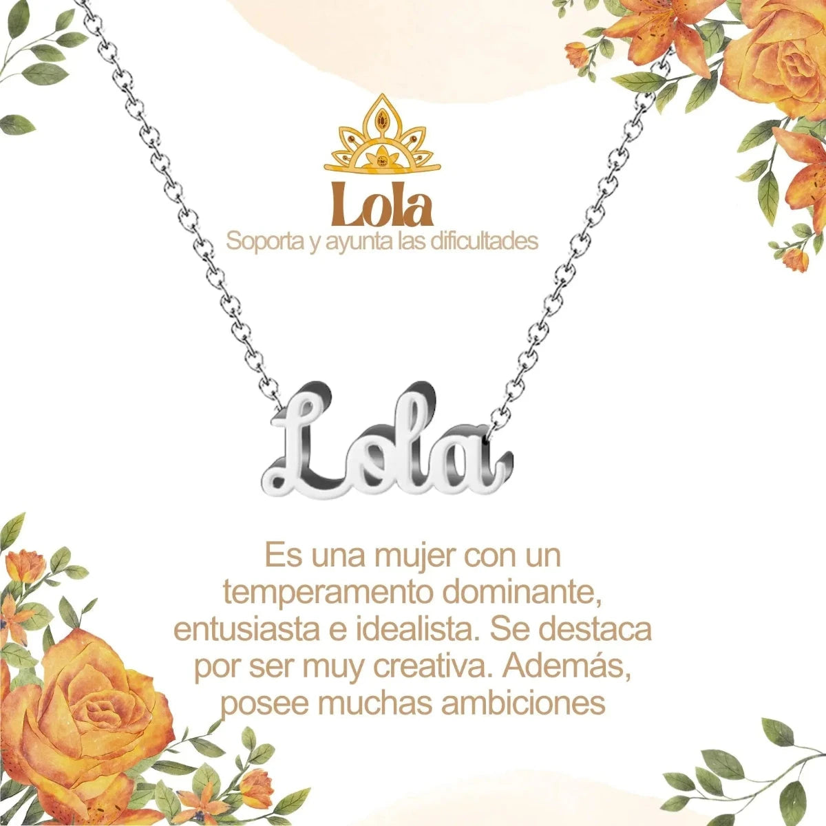 Collar con nombre Lola en acero inoxidable plateado resistente al agua joya moderna regalo para mujer fuerte.