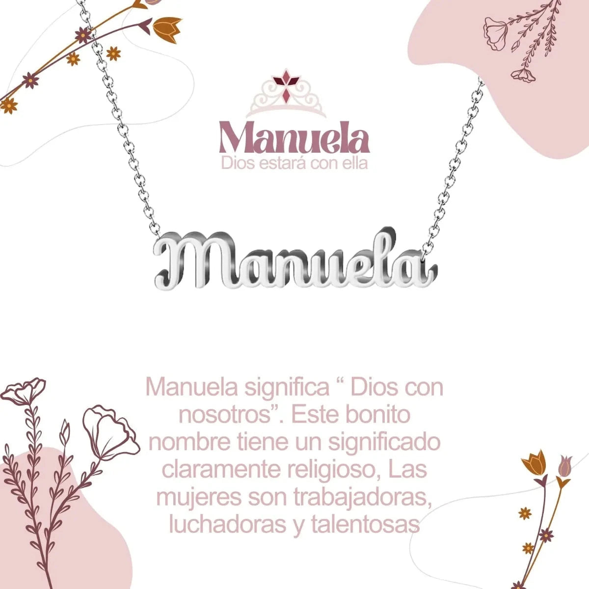 Collar con nombre Manuela en acero inoxidable plateado resistente al agua joya con significado regalo para mujer.