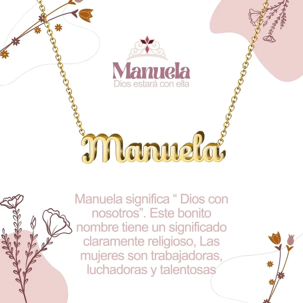Collar con nombre Manuela diseño delicado bañado en oro 14k significado de Dios con nosotros regalo espiritual mujer.