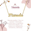 Collar con nombre Manuela diseño delicado bañado en oro 14k significado de Dios con nosotros regalo espiritual mujer.