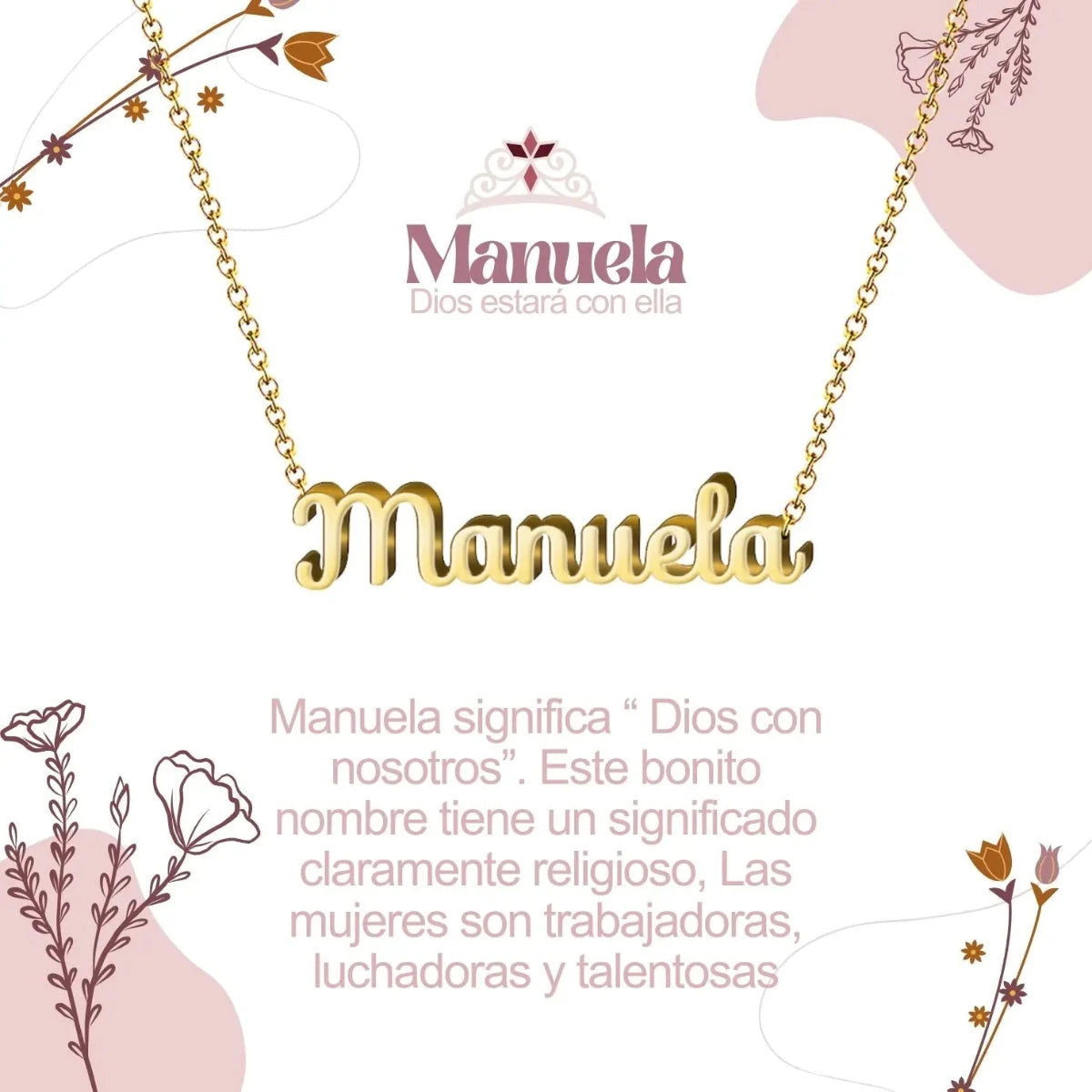 Collar con nombre Manuela diseño delicado bañado en oro 14k significado de Dios con nosotros regalo espiritual mujer.