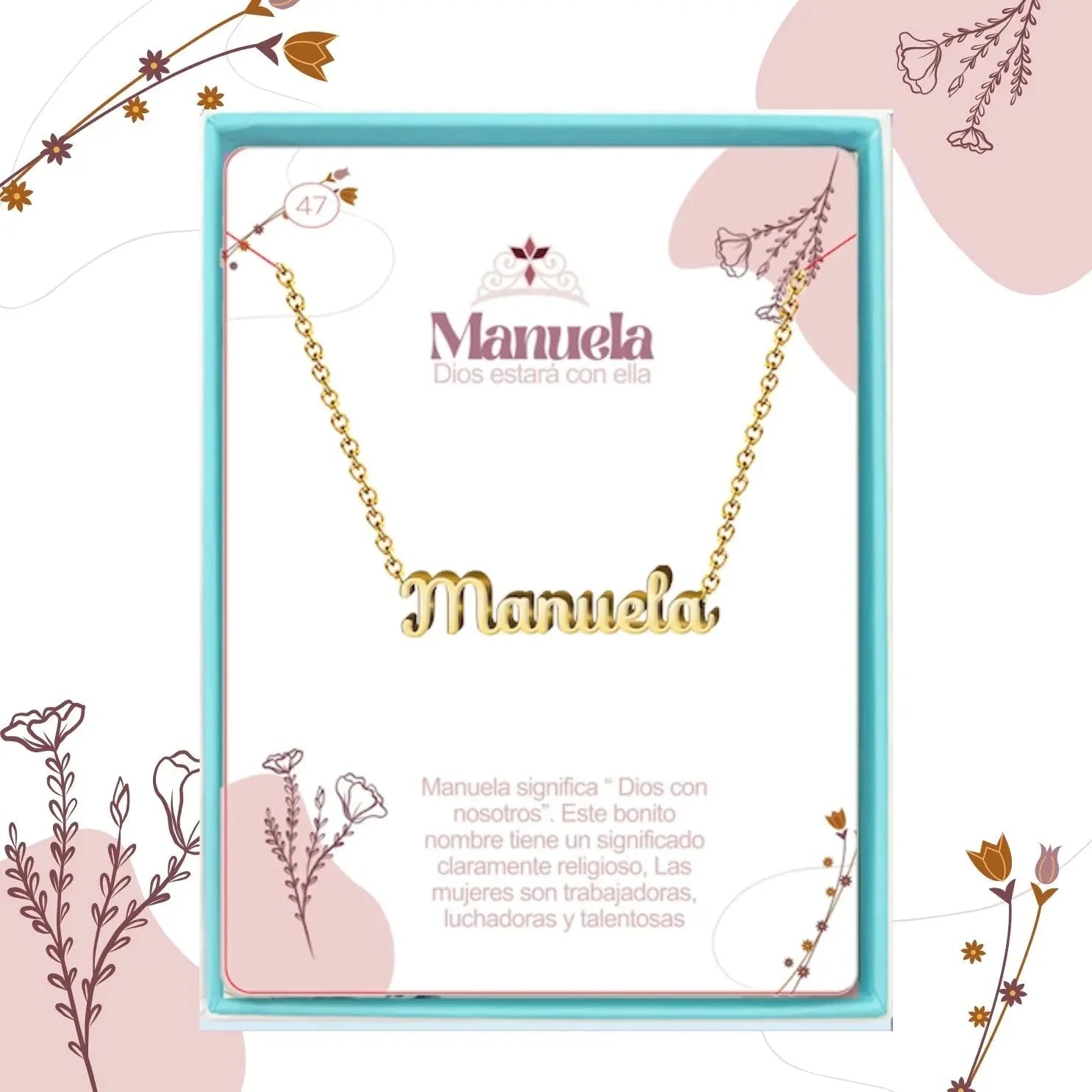 Collar Edición Nombre "manuela" - Protección Y Luz Bañada en Oro 14K acabado