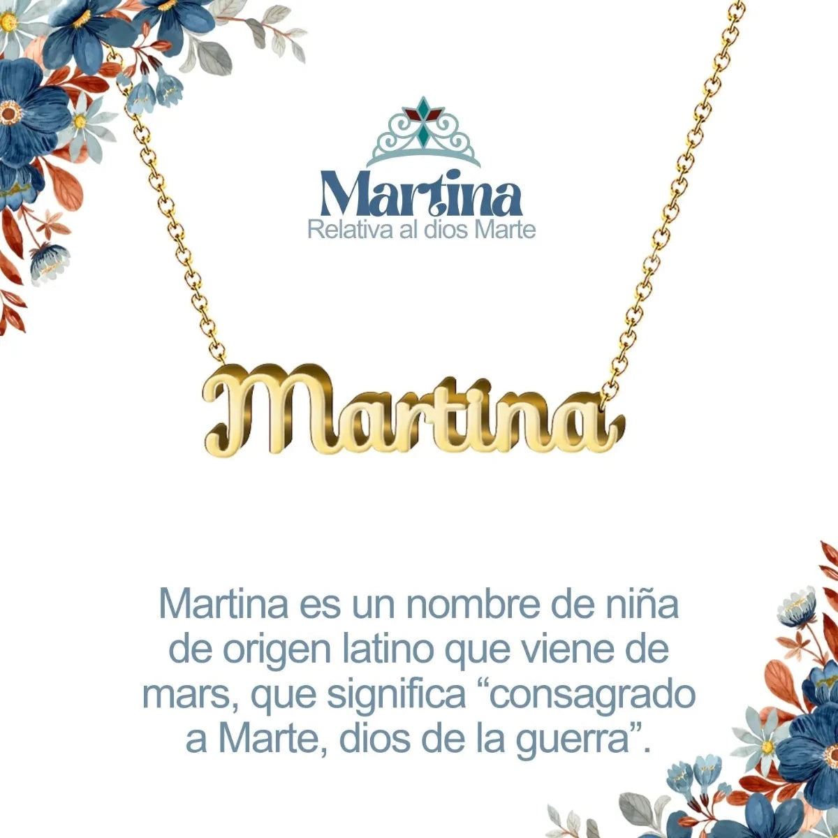 Collar con nombre Martina diseño elegante bañado en oro 14k significado de guerrera y fuerza regalo mujer empoderada.