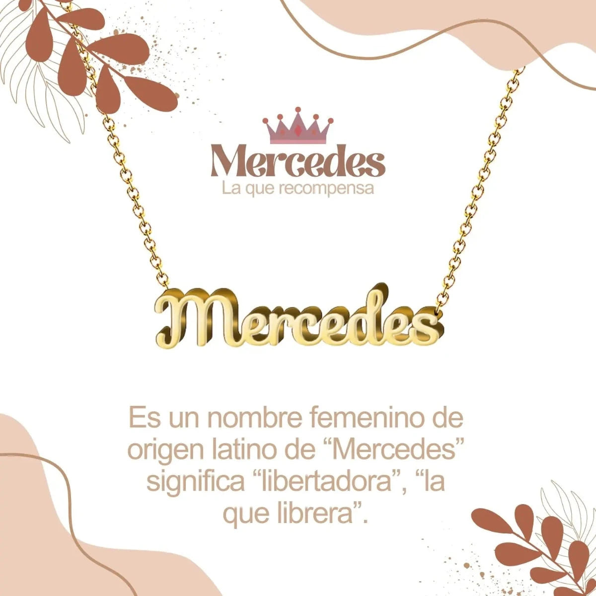 Collar con nombre Mercedes diseño clásico bañado en oro 14k significado de generosidad y gracia regalo mujer elegante.