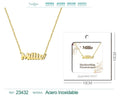 Collar dorado con nombre Millie escrito en cursiva diseño juvenil de estilo británico y acabado brillante en acero inoxidable