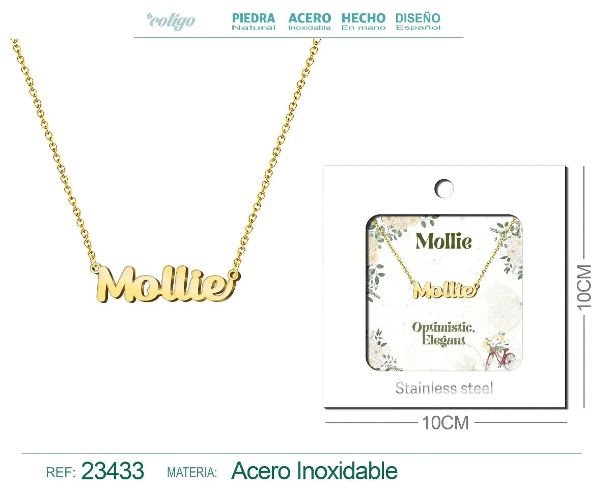 Collar con Nombre Mollie - Diseño en Inglés - Acero Dorado 14K