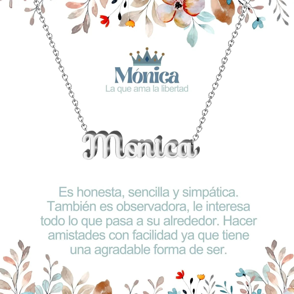 Collar con nombre Mónica en acero inoxidable plateado resistente al agua joya moderna regalo para mujer.
