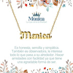Collar con nombre Mónica diseño elegante bañado en oro 14k significado de única y consejera regalo para mujer.