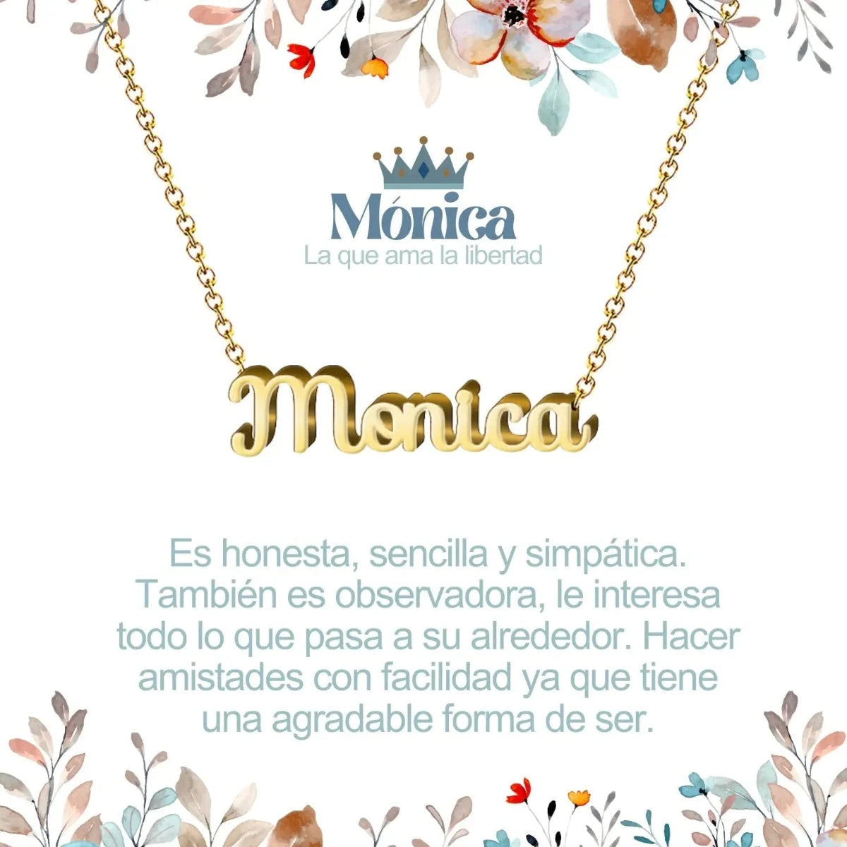 Collar con nombre Mónica diseño elegante bañado en oro 14k significado de única y consejera regalo para mujer.