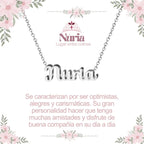 Collar con nombre Nuria en acero inoxidable plateado resistente al agua joya luminosa regalo para mujer.