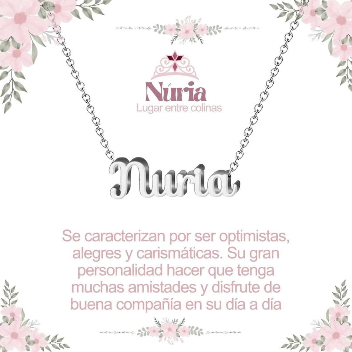 Collar con nombre Nuria en acero inoxidable plateado resistente al agua joya luminosa regalo para mujer.
