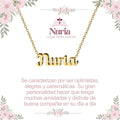 Collar con nombre Nuria diseño brillante bañado en oro 14k significado de luz y luminosidad regalo mujer.