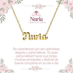 Collar con nombre Nuria diseño brillante bañado en oro 14k significado de luz y luminosidad regalo mujer.