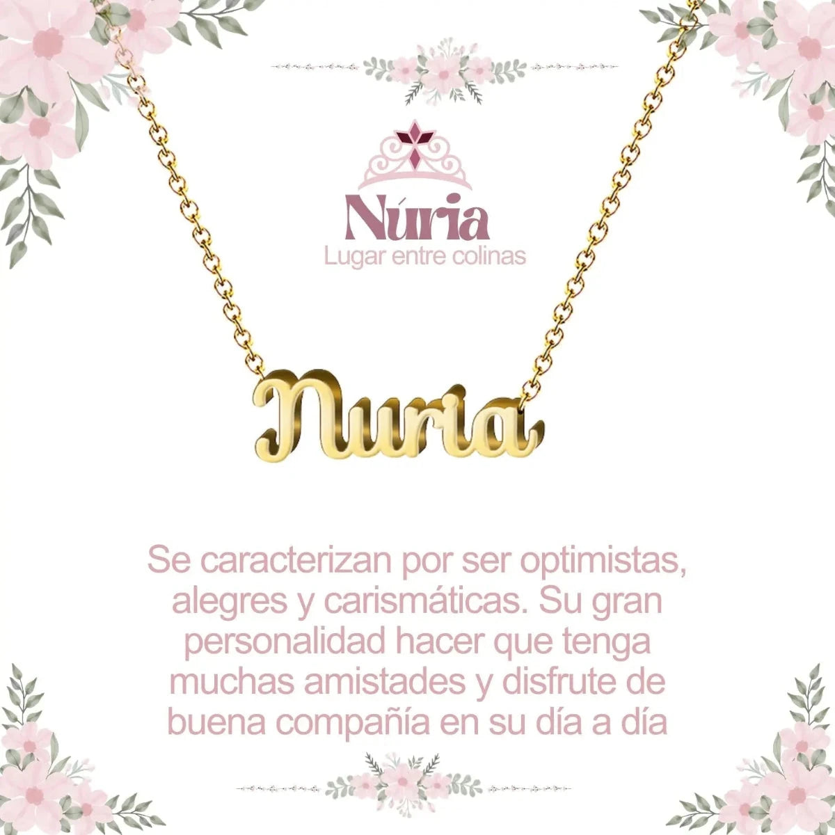 Collar con nombre Nuria diseño brillante bañado en oro 14k significado de luz y luminosidad regalo mujer.