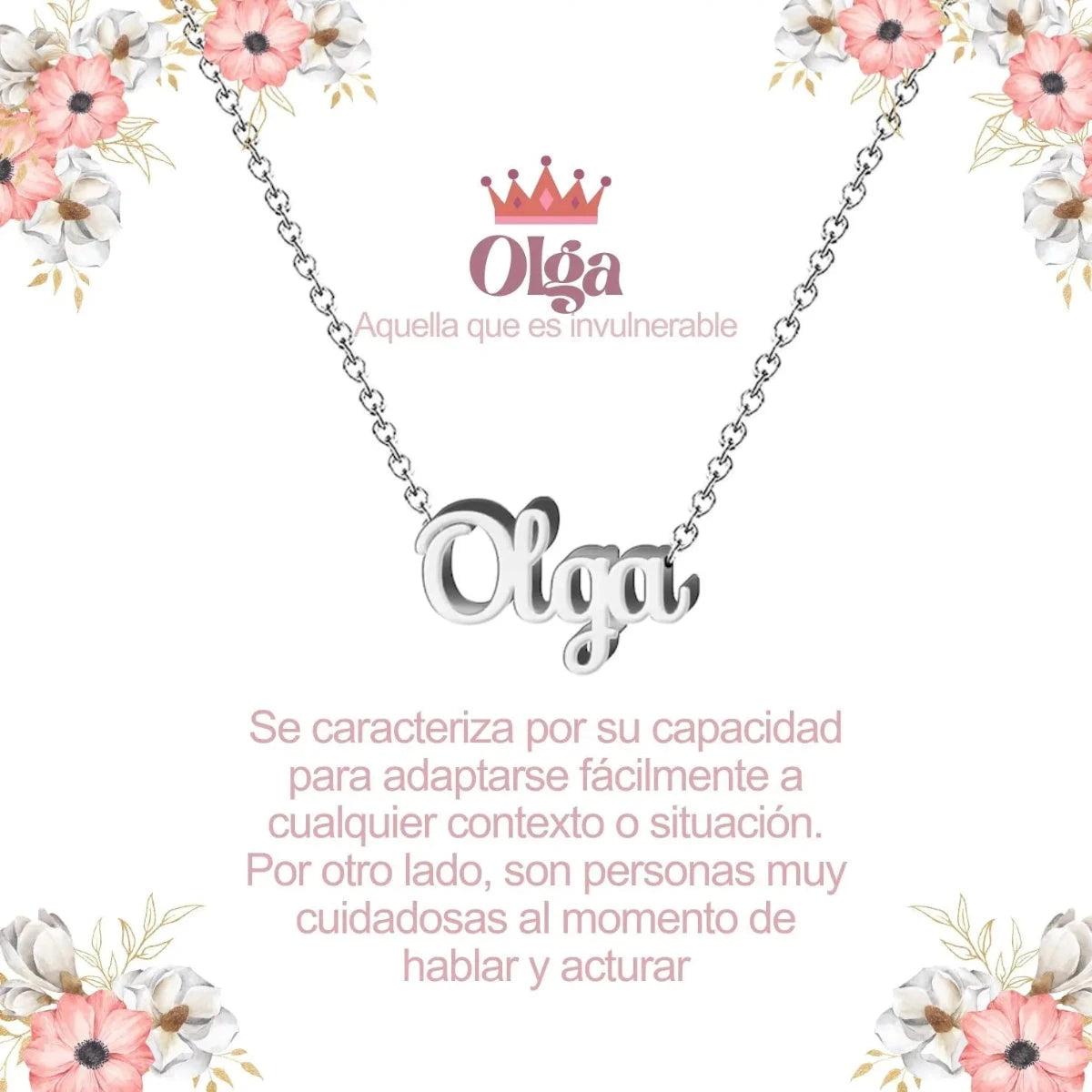 Collar con nombre Olga en acero inoxidable plateado resistente al agua joya fuerte regalo para mujer.