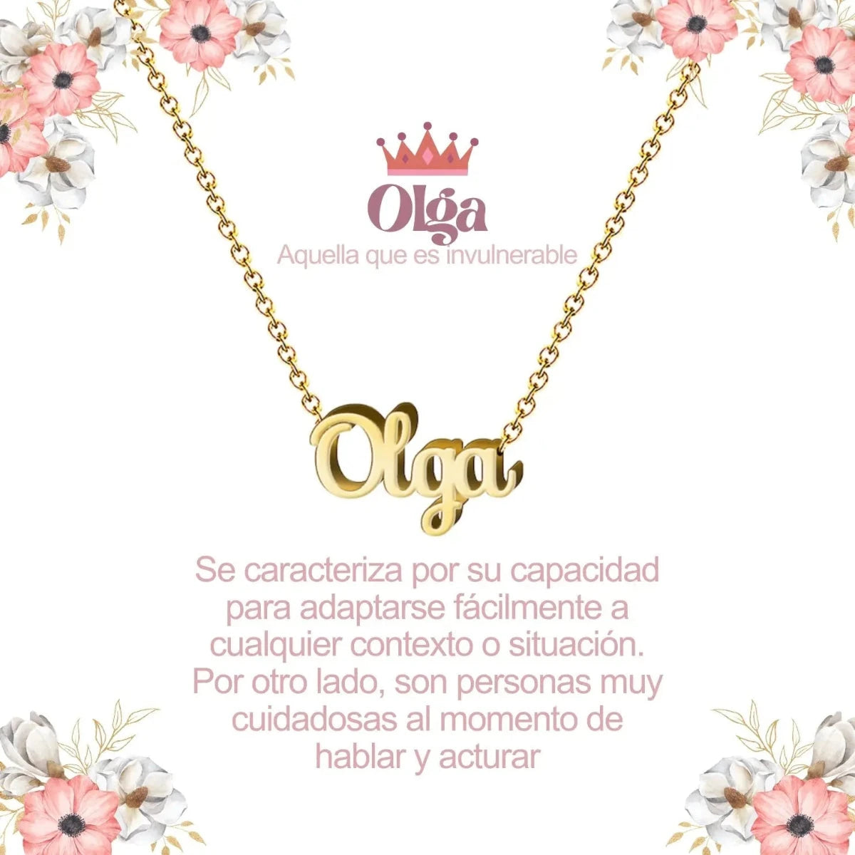 Collar con nombre Olga diseño elegante bañado en oro 14k significado de santa y sublime regalo mujer.