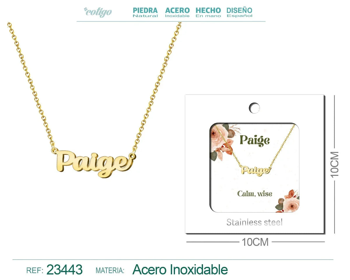 Collar con Nombre Paige - Diseño en Inglés - Acero Inoxidable Bañado en Oro 14k