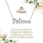 Collar con nombre Paloma en acero inoxidable plateado resistente al agua joya moderna regalo para mujer.