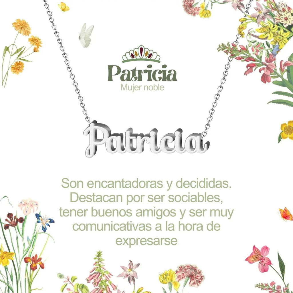 Collar con nombre Patricia en acero inoxidable plateado resistente al agua joya moderna regalo para mujer.