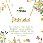 Collar con nombre Patricia diseño elegante bañado en oro 14k significado de nobleza y distinción regalo mujer.