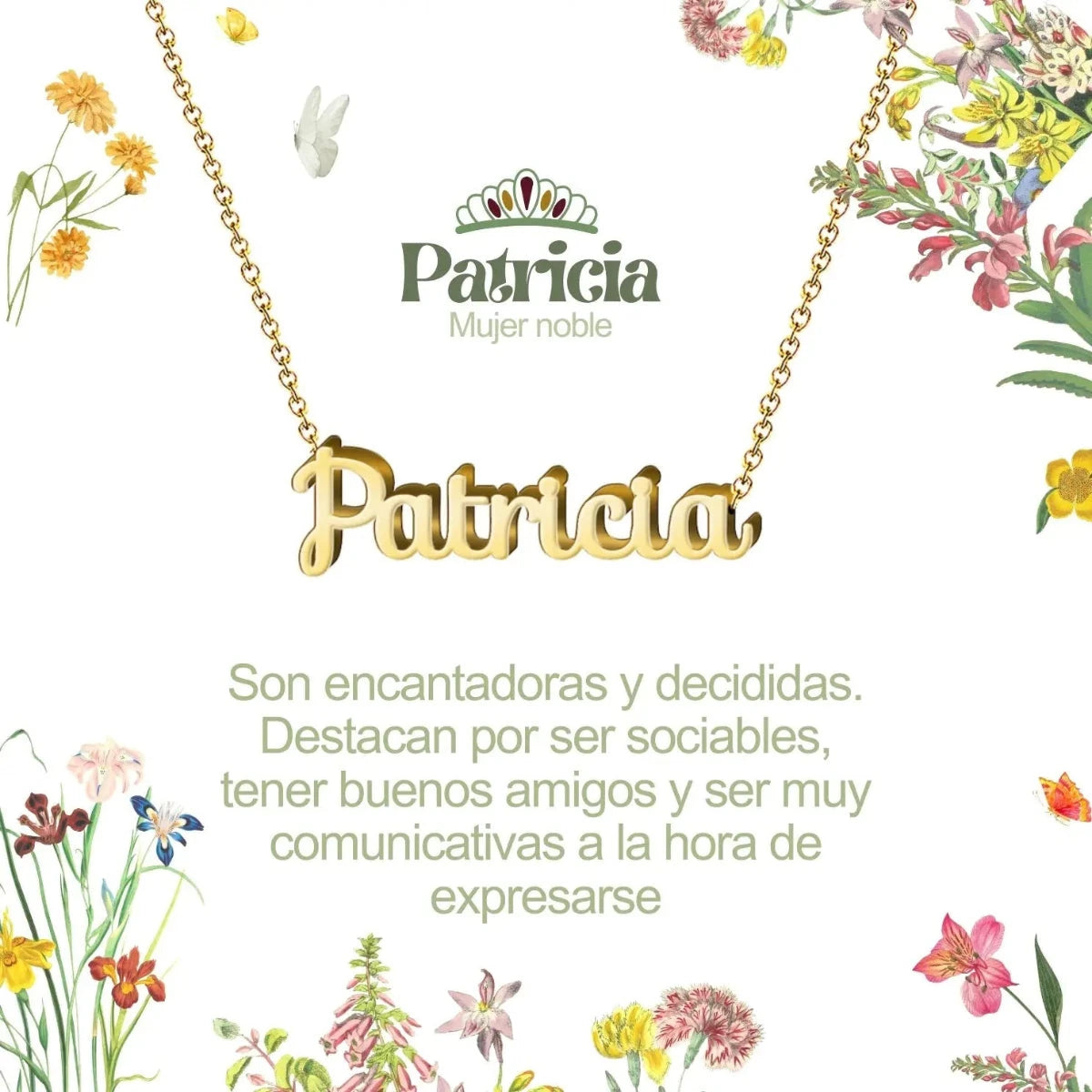 Collar con nombre Patricia diseño elegante bañado en oro 14k significado de nobleza y distinción regalo mujer.