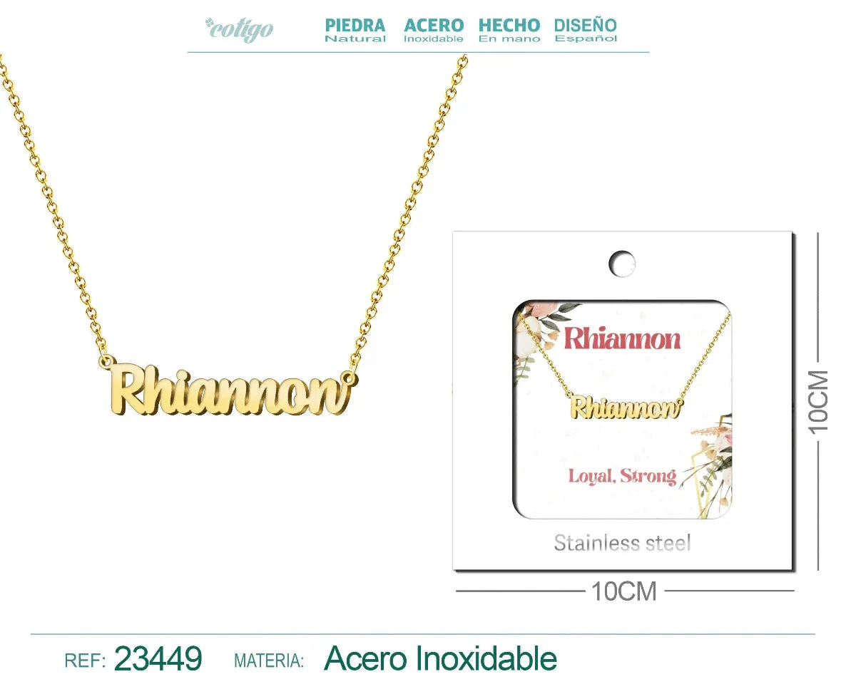 Collar con Nombre Rhiannon - Diseño en Inglés - Acero Inoxidable Bañado en Oro 14k